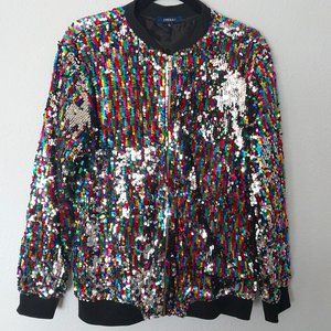 Cresay Rainbow/Silver Reversible Sequin Zip Up Bomber Jacket